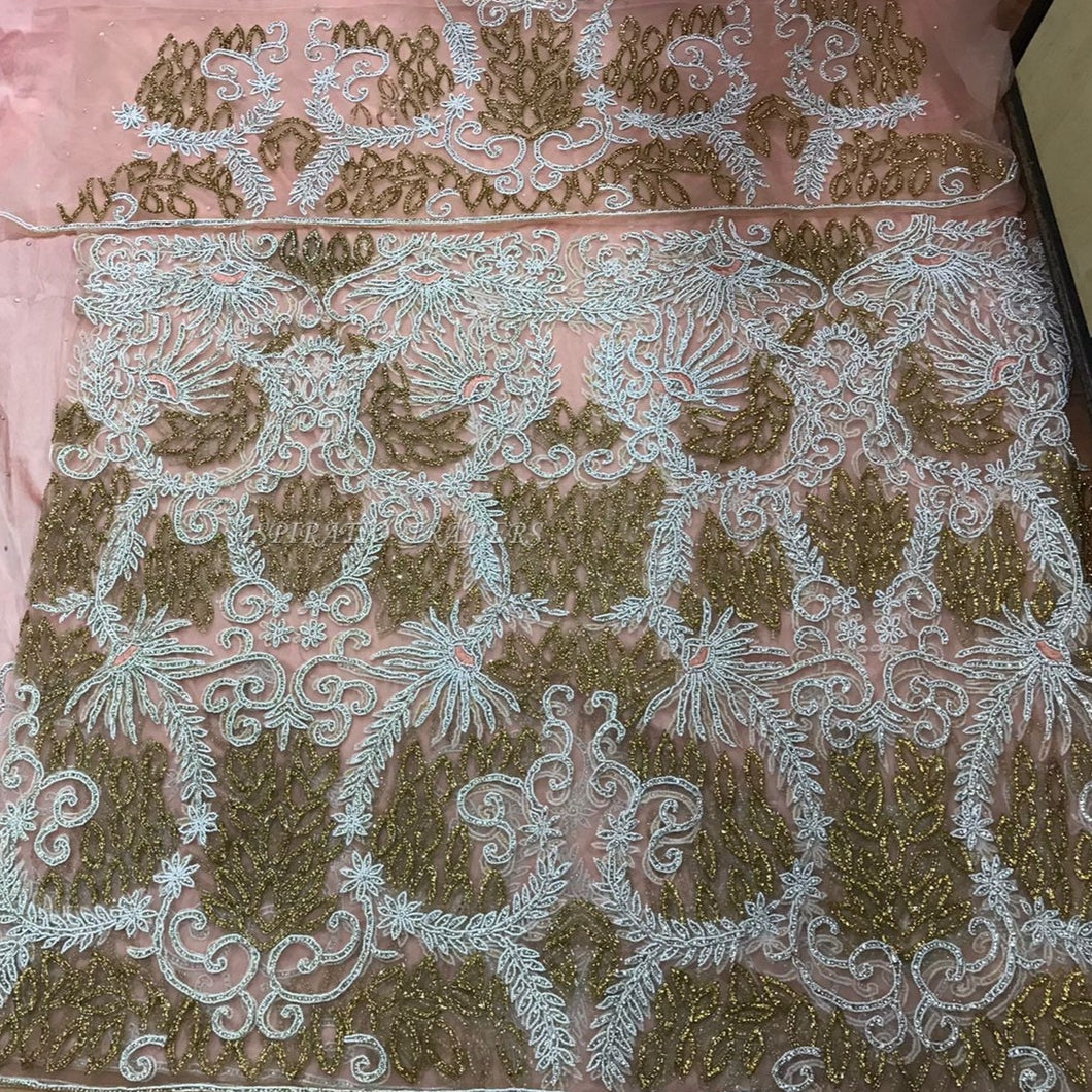 Sweet Peach Color Heavy Beaded Net Lace Designer George Wrapper Set  - NLDG075