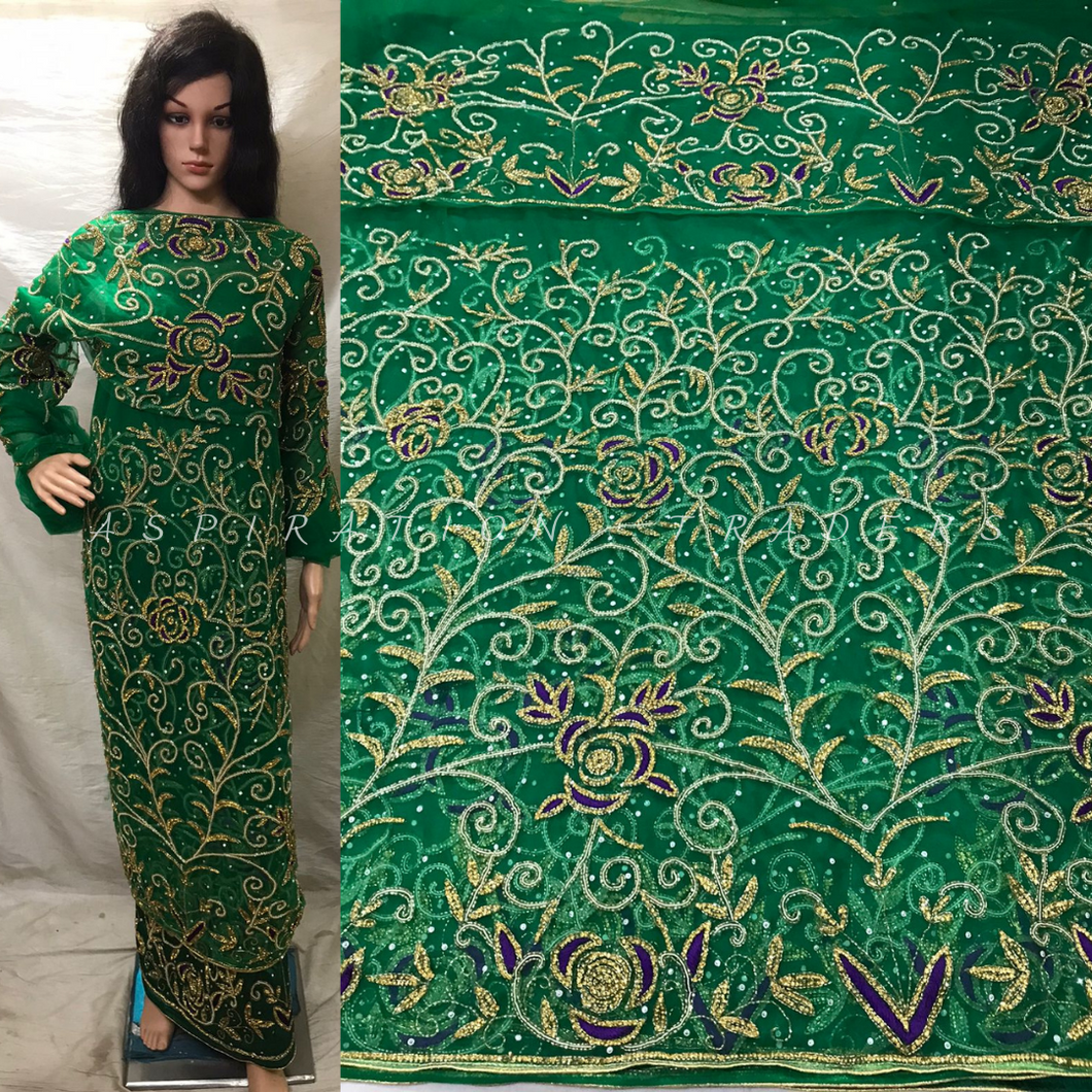 New Arrival Nigerian Green 2022 Designer Net George wrapper with Toch of purple Work  - NLDG076