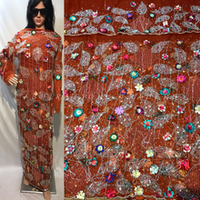 Load image into Gallery viewer, Orange color 3D Flower with French Net Lace Designer fringes George wrapper set - NLDG079
