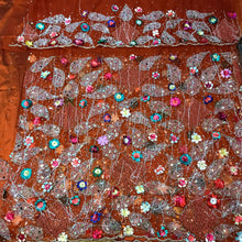 Load image into Gallery viewer, Orange color 3D Flower with French Net Lace Designer fringes George wrapper set - NLDG079
