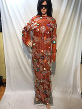 Load image into Gallery viewer, Orange color 3D Flower with French Net Lace Designer fringes George wrapper set - NLDG079

