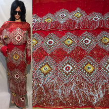 Load image into Gallery viewer, Exclusive Red Color With White Fringes NET Designer George Wrapper set  - NLDG082
