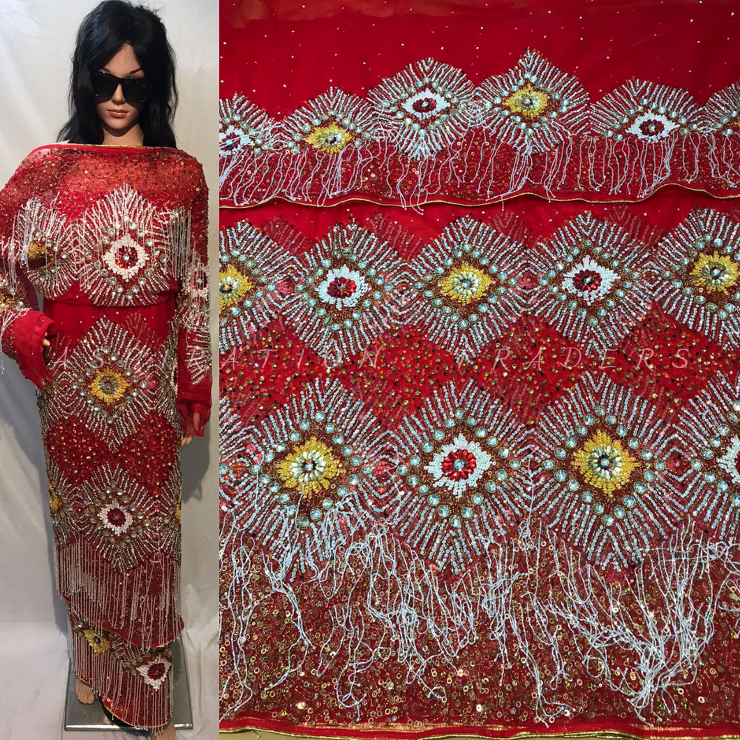 Exclusive Red Color With White Fringes NET Designer George Wrapper set  - NLDG082