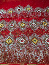Load image into Gallery viewer, Exclusive Red Color With White Fringes NET Designer George Wrapper set  - NLDG082
