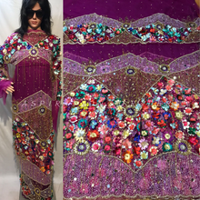 Load image into Gallery viewer, Magenta Net Lace silk taffeta 3D flower Fringes Designer George Wrapper set  - NLDG084
