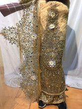 Load image into Gallery viewer, Champange Gold Color Designer Net lace FRINGERS George Wrapper set  - NLDG085
