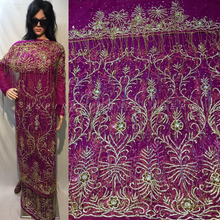 Load image into Gallery viewer, Magenta Color all silver work with Overall Fringes Designer Net George Wrapper - NLDG088

