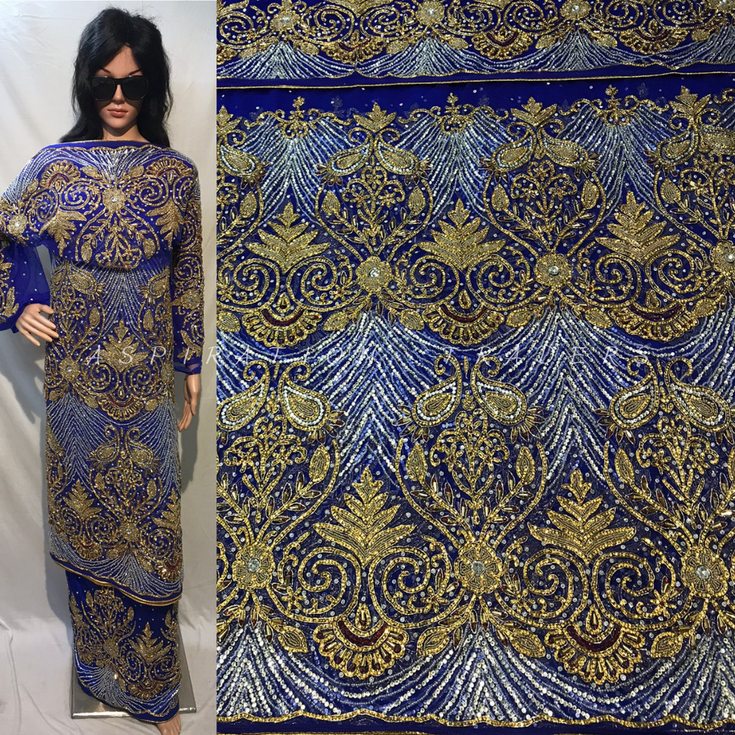 ROYAL BLUE Heavily Beaded NET LACE Designer George Wrapper - NLDG089