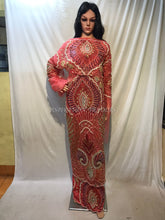 Load image into Gallery viewer, Latest Beautiful Coral Color Heavy Beaded NET Lace Designer George Wrapper Set - NLDG090
