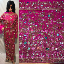 Load image into Gallery viewer, FUSHIA PINK 3D flower Heavy Beaded NET Lace Designer George Wrapper Set - NLDG091
