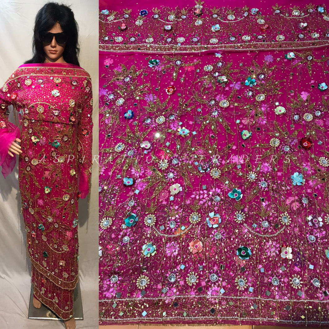 FUSHIA PINK 3D flower Heavy Beaded NET Lace Designer George Wrapper Set - NLDG091