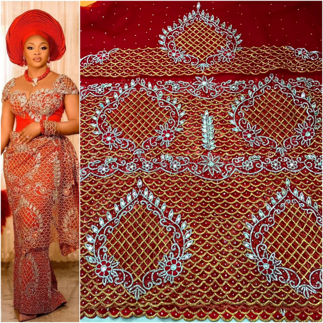 African Bridal Red Color George Wrapper Set with ALL golden Stone Work  - NLDG110