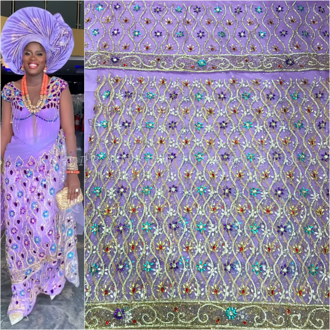 NEW Exclusive LILAC Color Heavy Beaded Designer African george wrapper set - NLDG111
