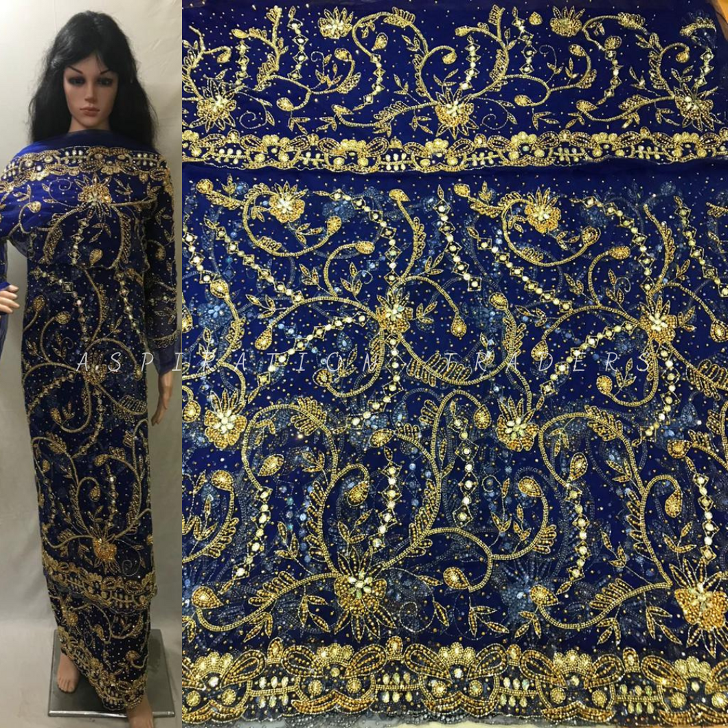 Royal Blue color For Nigerial Royal Wedding Brides Fav George wrapper fabric set -  NLDG115