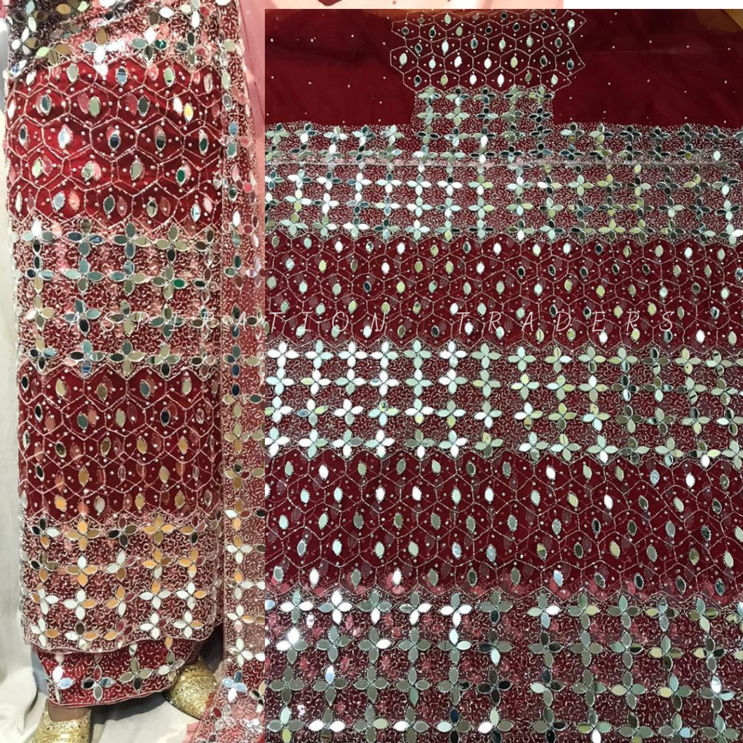 Wine color Beautiful Glass mirror work Net fabric African George Wrapper Set-  NLDG118