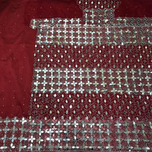 Load image into Gallery viewer, Wine color Beautiful Glass mirror work Net fabric African George Wrapper Set-  NLDG118
