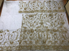 Load image into Gallery viewer, White Net Fabric African Beaded Designer Golden Work George Wrapper Set - NLDG191
