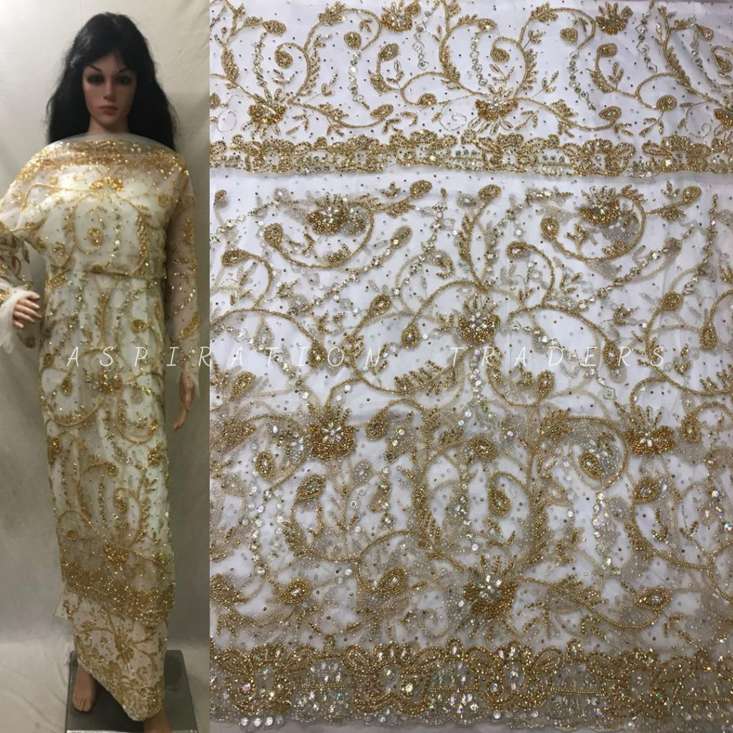 White Net Fabric African Beaded Designer Golden Work George Wrapper Set - NLDG191