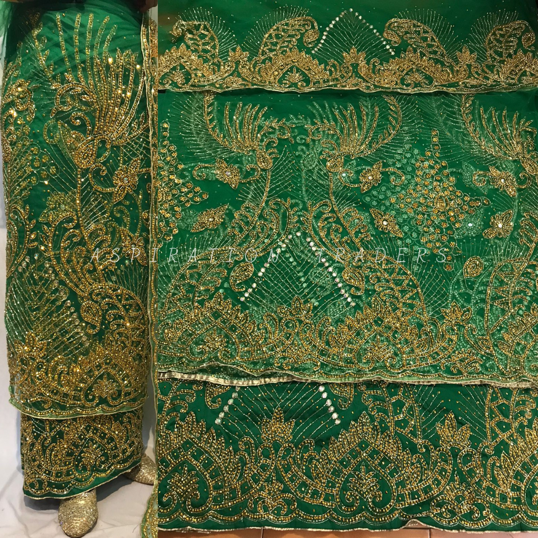 Nigerian Green Color New Wedding Net George Wrapper Set - NLDG129