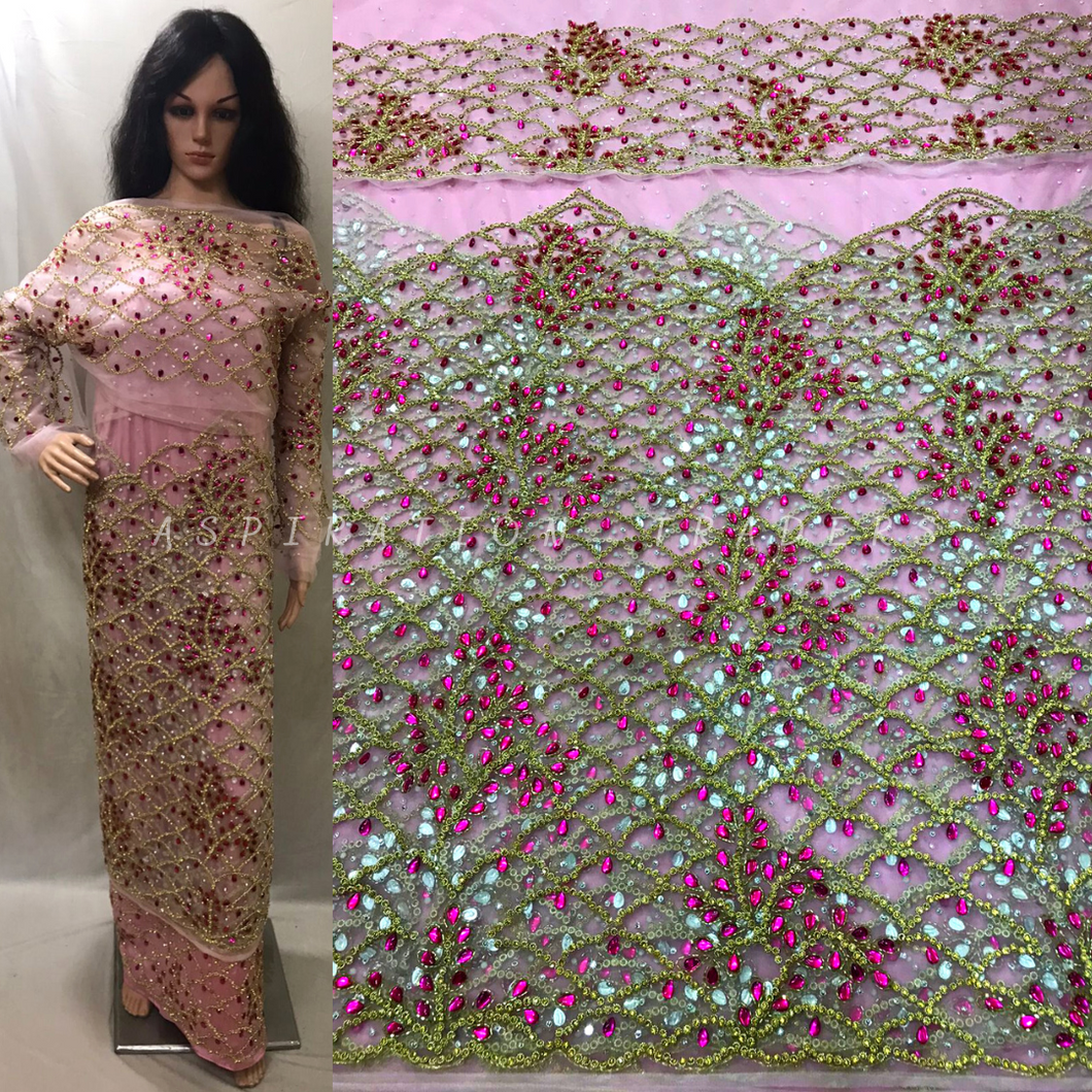 Baby Pink Net Fabric Nigerian George Wrapper with Fushia Pink Stone Work - NLDG130
