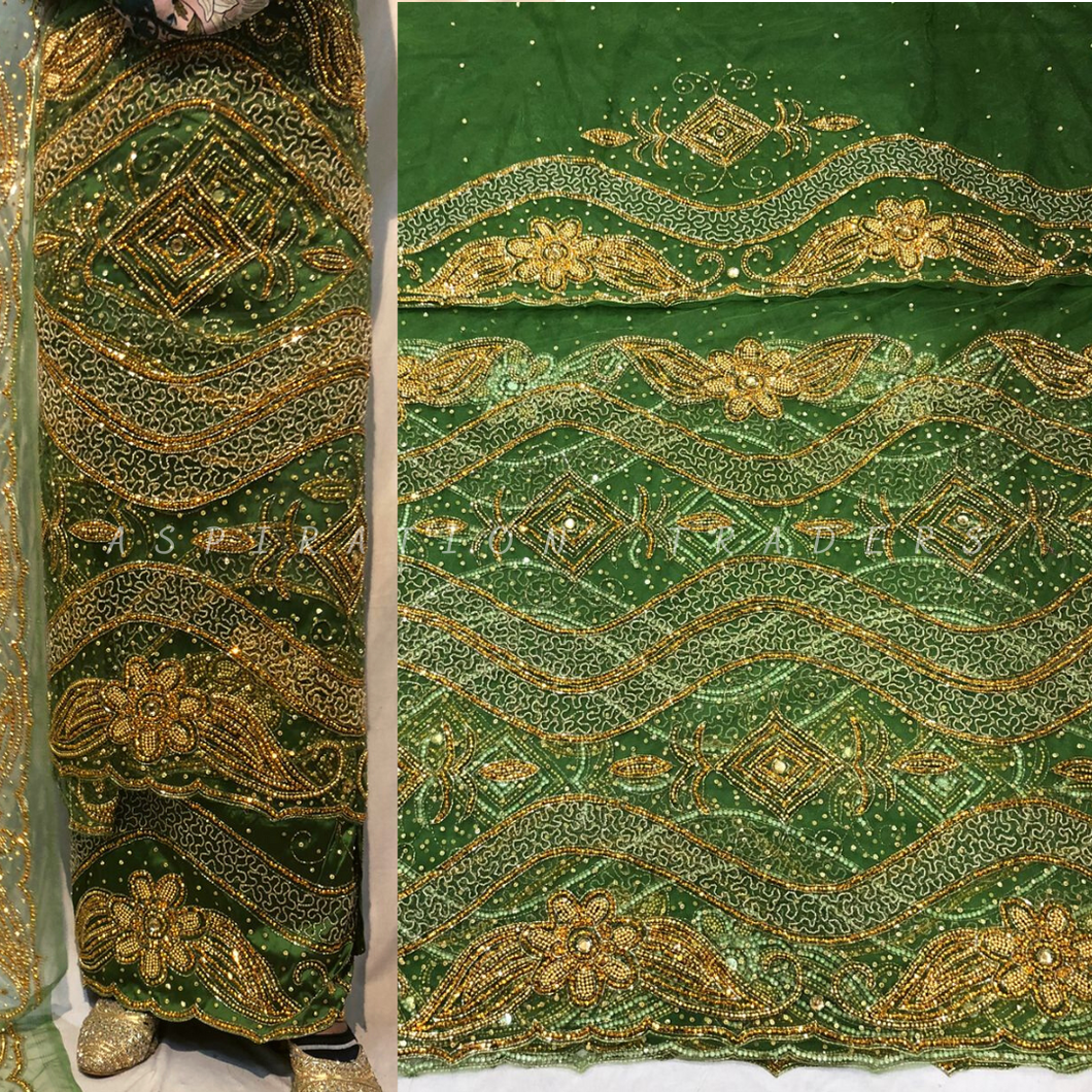 Olive Green Nigerian Wedding Net fabric Trending George Wrapper Set  - NLDG132