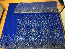 Load image into Gallery viewer, Latest Trending Royal Blue Net fabric Shiny Stone Beaded George wrapper with Gold Blouse - NLDG133
