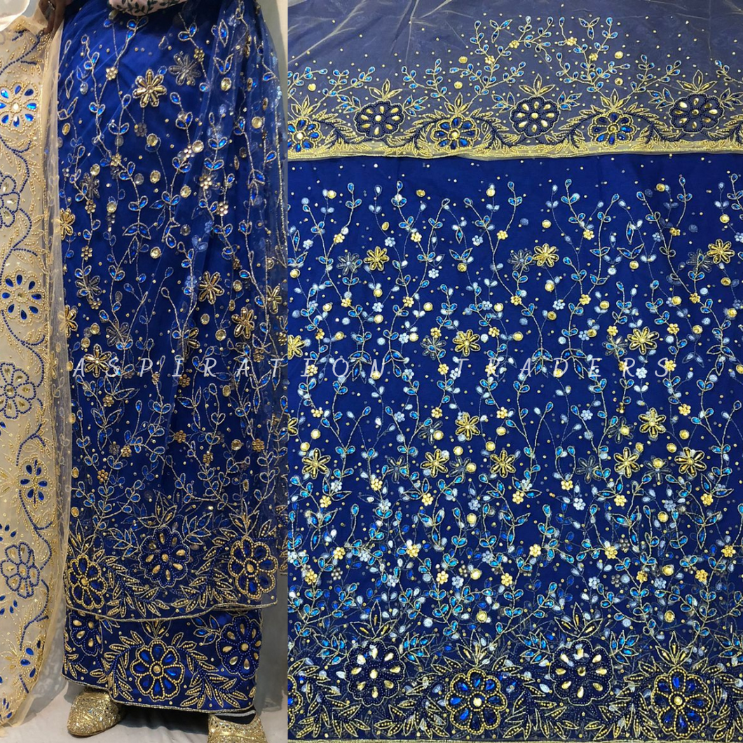 Latest Trending Royal Blue Net fabric Shiny Stone Beaded George wrapper with Gold Blouse - NLDG133