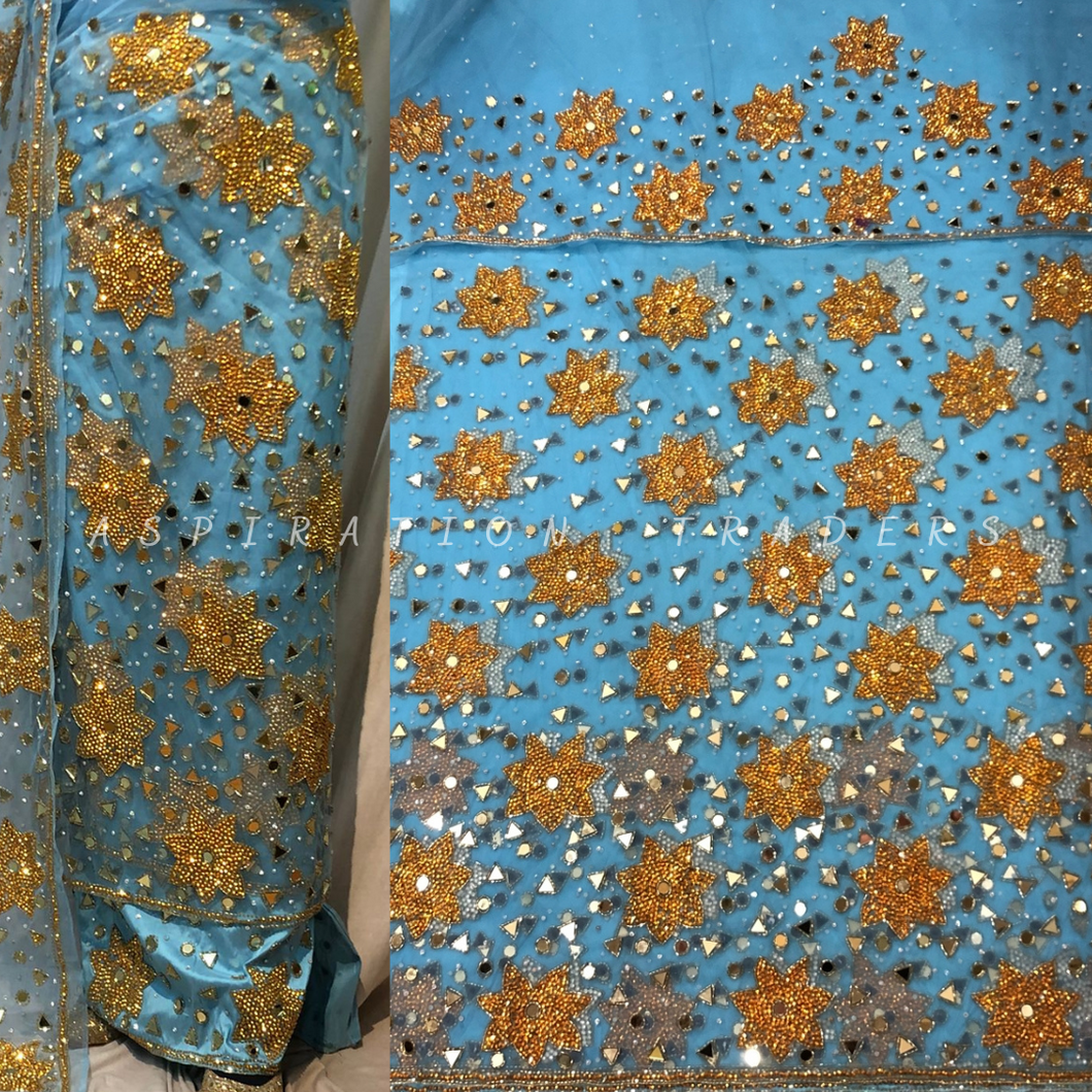 Sky blue Silk Taffeta fabric with golden stone work George fabric set - NLDG134