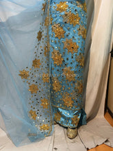 Load image into Gallery viewer, Sky blue Silk Taffeta fabric with golden stone work George fabric set - NLDG134
