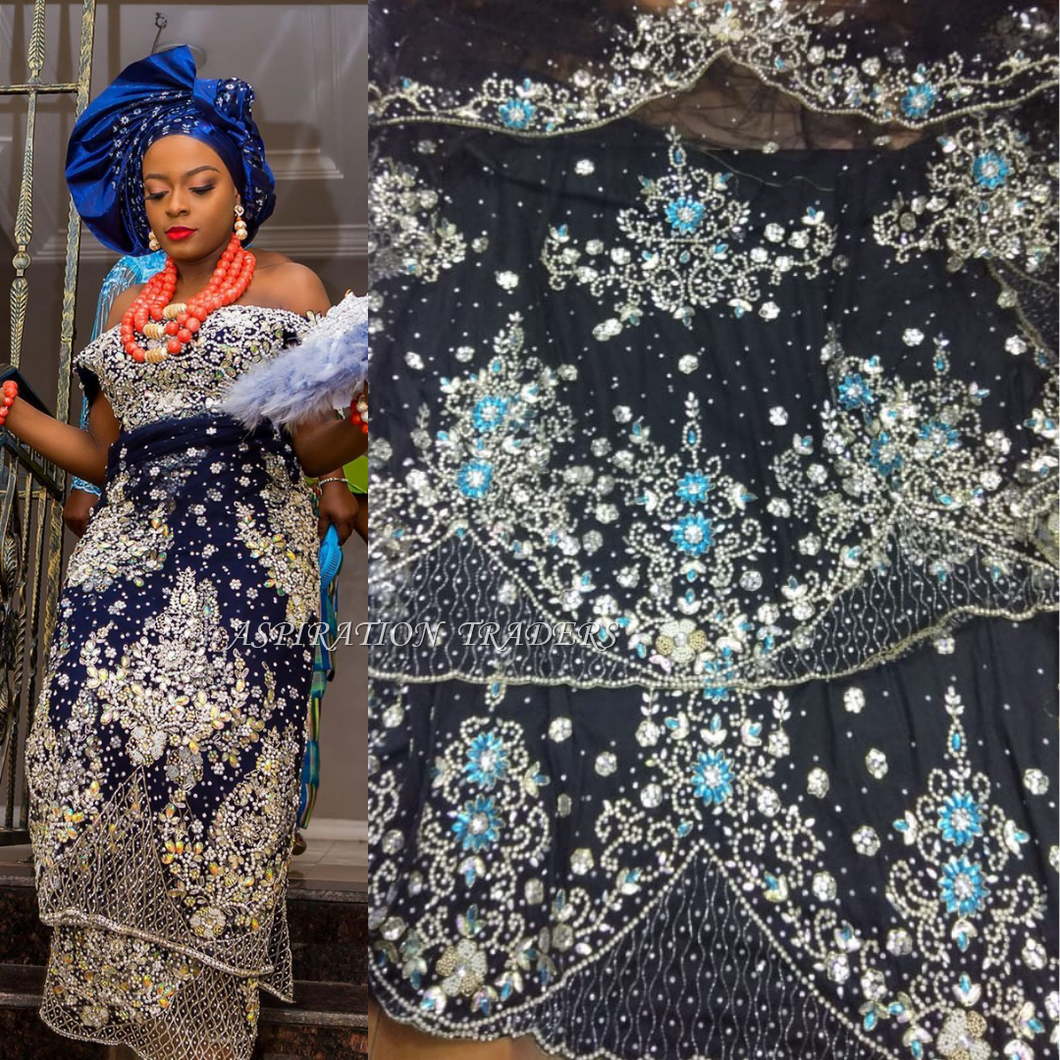 Black Color Heavy Beaded Net Lace VIP George For African Weddings- NLVG029