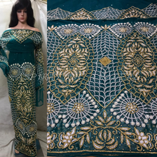 Load image into Gallery viewer, Teal Green Crystal Stone work African Bridal Net Lace George Wrapper Set - NLVG053
