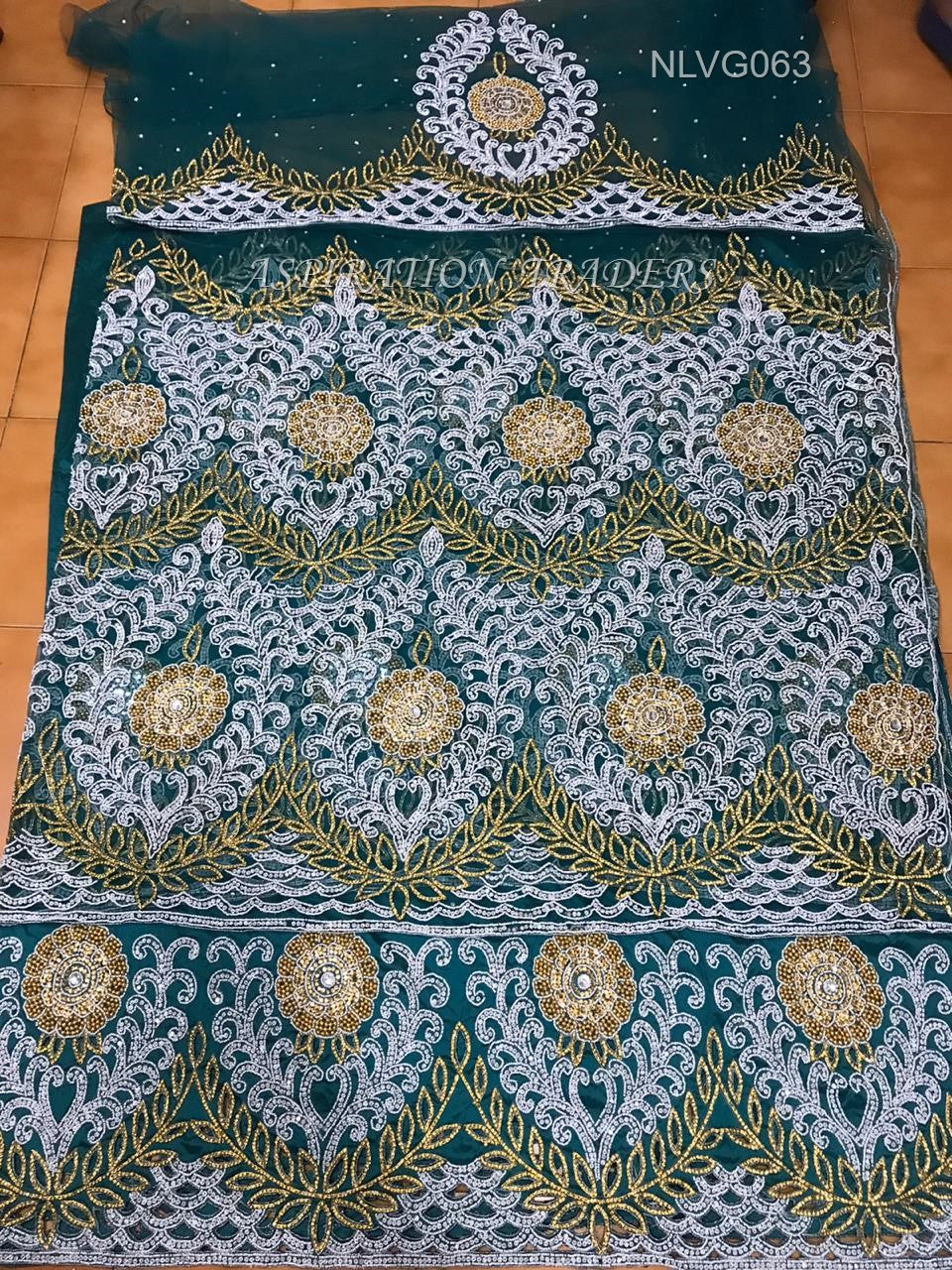 Teal Green Net Lace VIP African George Wrapper With Designer Blouse- NLVG063