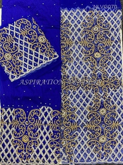 Royal blue hand beaded george fabric with cutwork on 2nd wrapper George set - NLVG070