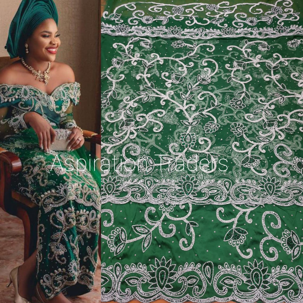 Nigerian Green Latest Beaded Net lace VIP George - NLVG073