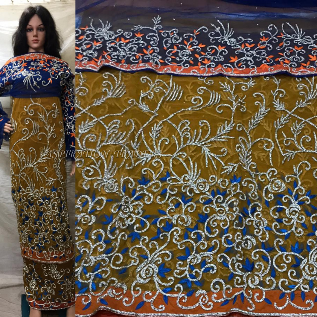 Mustard gold African designer Net lace VIP George wrapper with blue blouse - NLVG089