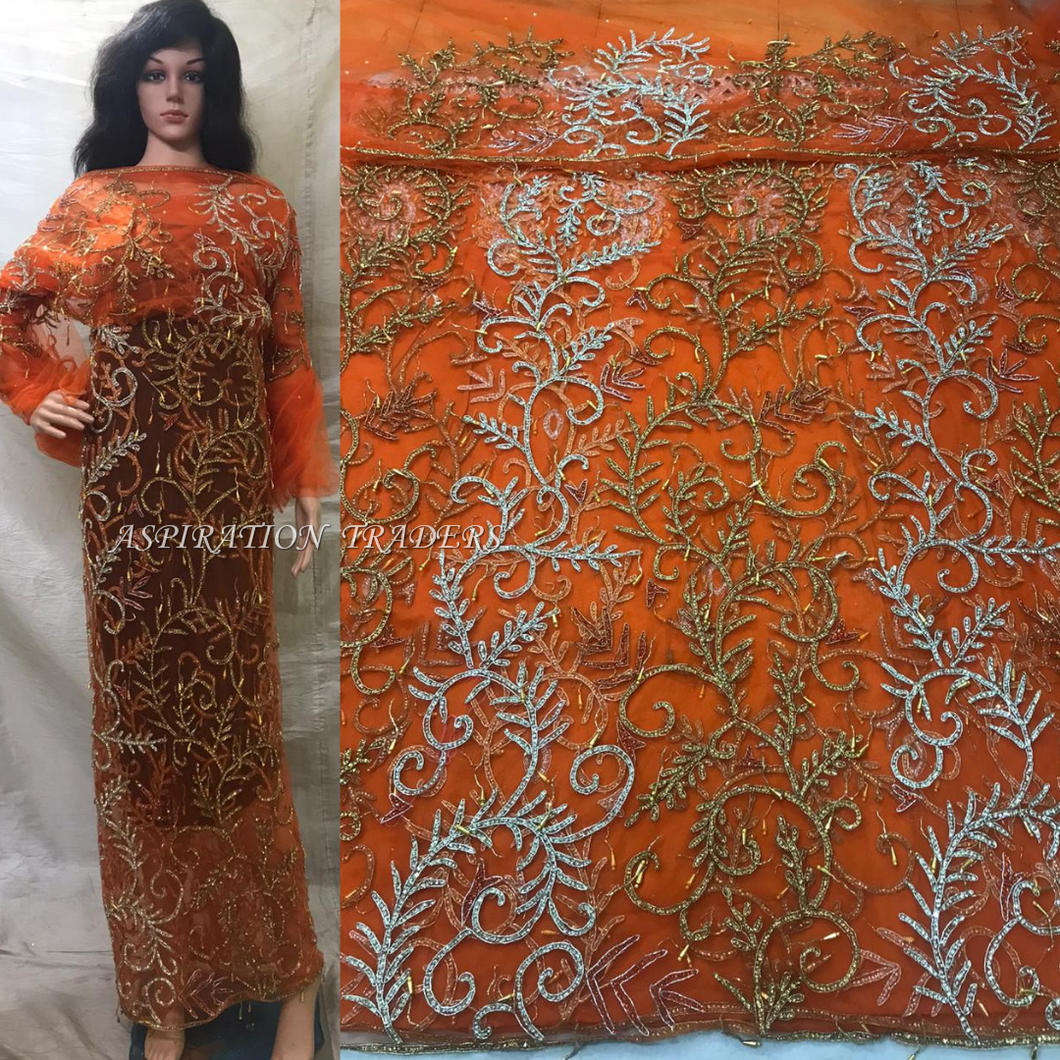 New Design Orange color Heavy beaded crystal stone work Net lace VIP George - NLVG092