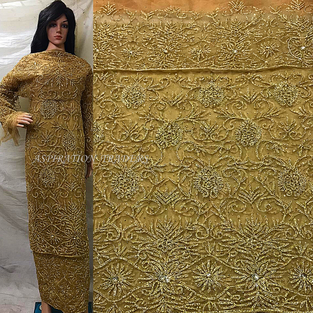 Gold color heavy beaded crystal stone beaded Net lace VIP George - NLVG093