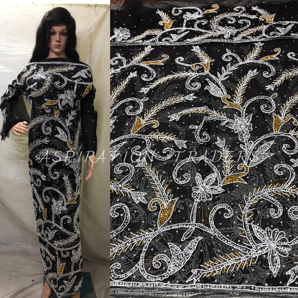 BLACK Net lace Heavy beaded VIP African  George wrapper set - NLVG094