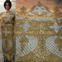 Load image into Gallery viewer, Champagne Gold Beautiful Crystal stone work Net Lace George wrapper set - NLVG096
