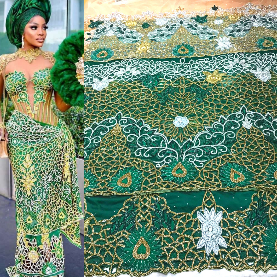 Nigerian Green Crystal Glass Stone Net Lace VIP George Wrapper with blouse - NLVG099