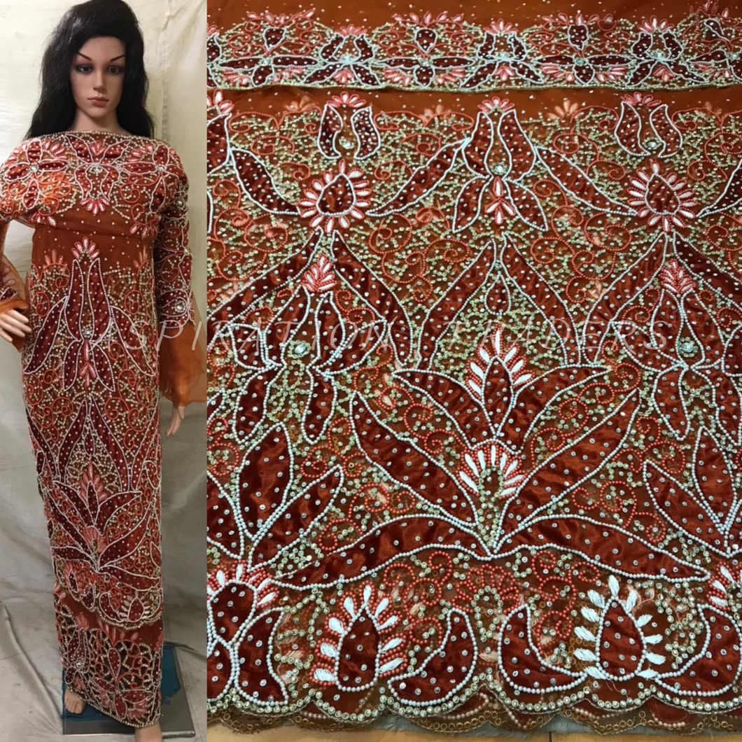 BURNT ORANGE color  Net Lace VIP Indian George Wrapper with blouse - NLVG100