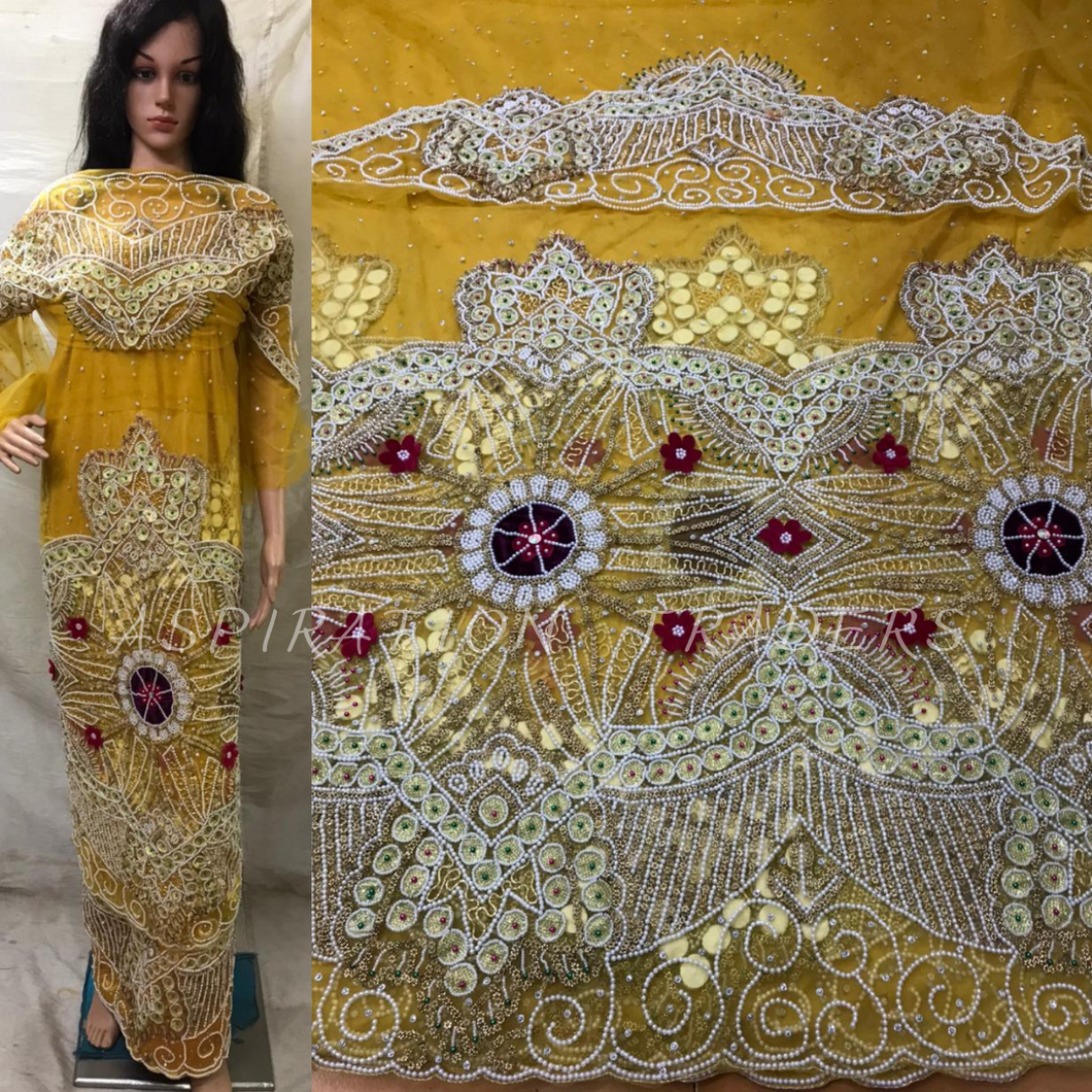 Mustard Yellow Gold Net Lace 3D Design George Wrapper with blouse - NLVG102