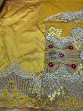 Load image into Gallery viewer, Mustard Yellow Gold Net Lace 3D Design George Wrapper with blouse - NLVG102
