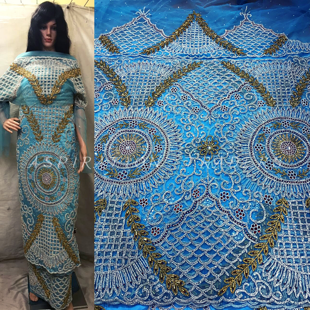 Sky blue Heavy beaded Net Lace VIP George Wrapper set for African bride- NLVG104