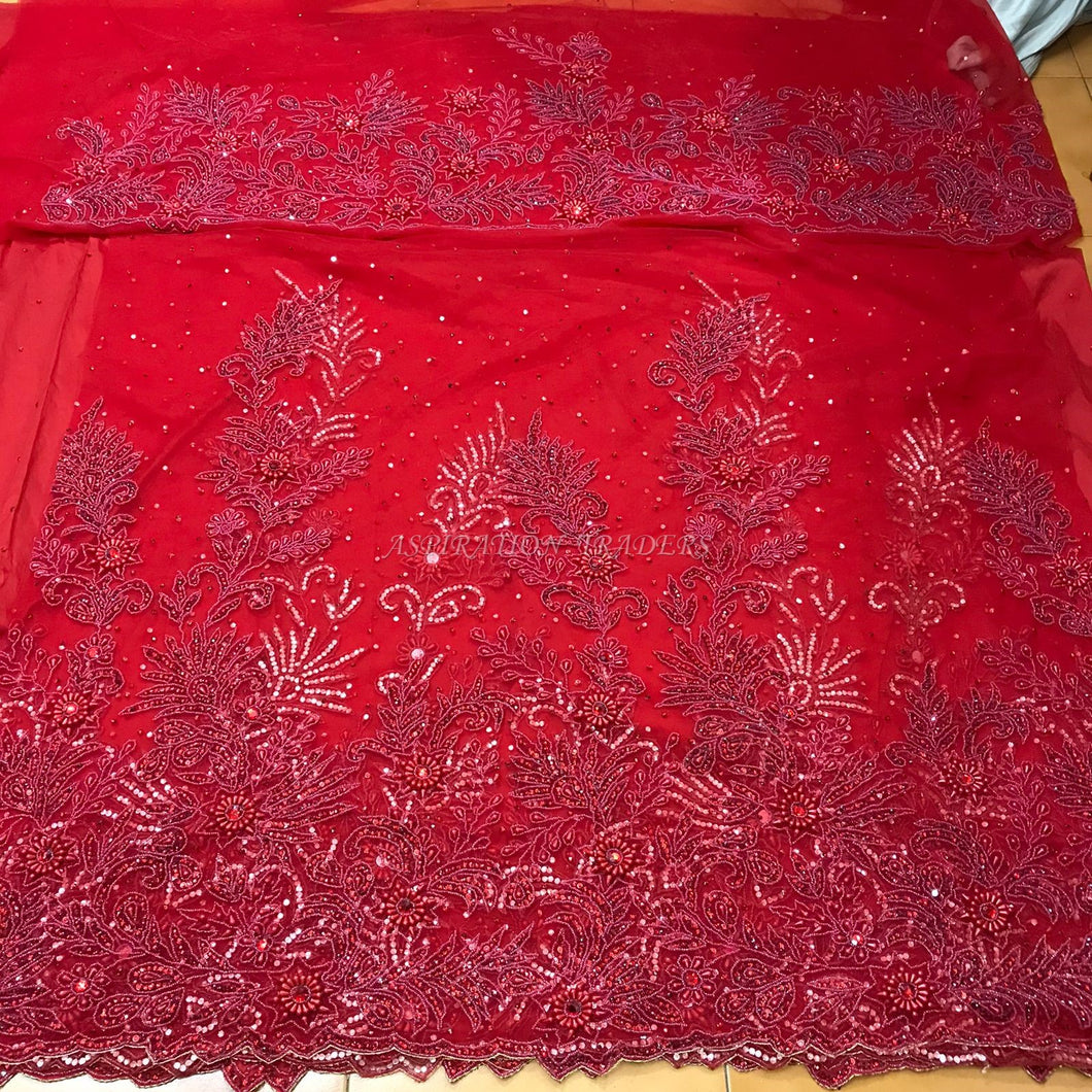 RED color Beautiful Designer Beaded Work VIP George Wrapper set - NLVG108