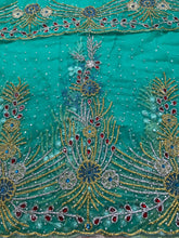 Load image into Gallery viewer, Sea Green Net Fabric Applique Designer African George Wrapper with Blouse  - NLVG113
