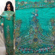 Load image into Gallery viewer, Sea Green Net Fabric Applique Designer African George Wrapper with Blouse  - NLVG113
