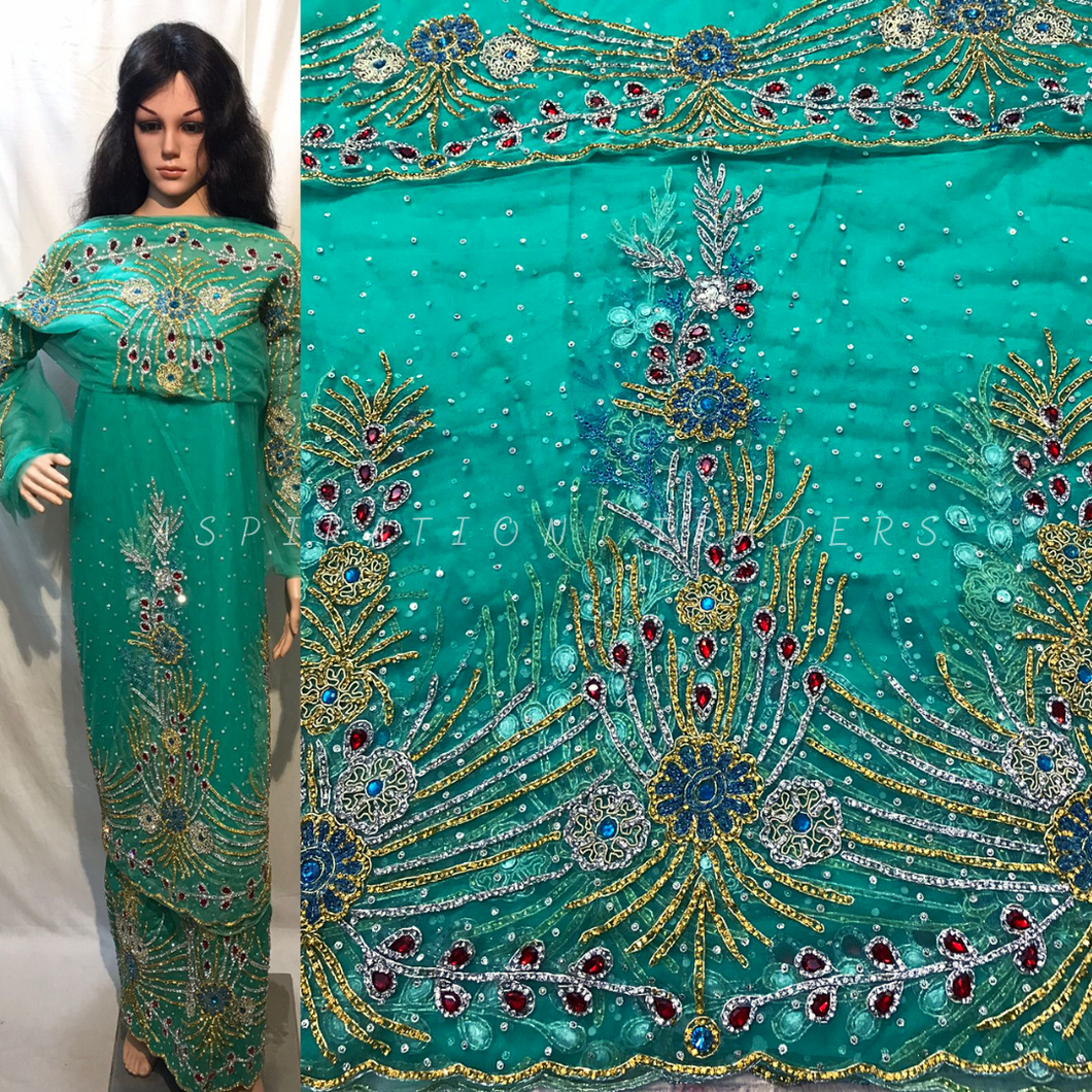 Sea Green Net Fabric Applique Designer African George Wrapper with Blouse  - NLVG113