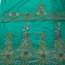 Load image into Gallery viewer, Sea Green Net Fabric Applique Designer African George Wrapper with Blouse  - NLVG113

