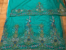 Load image into Gallery viewer, Sea Green Net Fabric Applique Designer African George Wrapper with Blouse  - NLVG113
